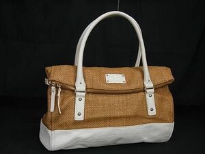 1円 ■美品■ kate spade ケイトスペード PXRU3496 ストロー×レザー ハンドバッグ トート ショルダー ブラウン系×ホワイト系 FA8610