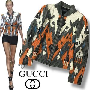 v88 希少 Vintage GUCCI 2010 グッチ レザー エスニック ジップアップ ジャケット アウター ブルゾン 羊革 38 イタリア製 240747 正規品