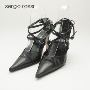 Sergio Rossi セルジオロッシ 35 22.0~22.5 パンプス イタリア製 ヒール ポインテッドトゥ デザインストラップ レザー 黒 ブラック/QC61