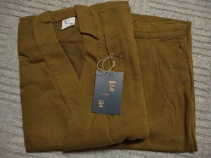 岡山 井原 日本製 藍の里 刺し子作務衣 上下セット Lサイズ マスタード 最高級 和装 和服 甚平 法衣 袈裟 仏教 装束 仏具 威儀 職人 倉敷