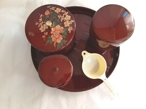 ☆合成漆器☆茶の間セット☆菓子入れ☆丸盆☆茶筒☆茶こし☆昭和レトロ☆未使用品☆山中漆器商工業協会組合☆ 和食器☆