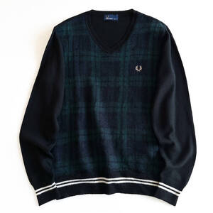 FRED PERRY（フレッドペリー）クラシック ロゴ Vネック ニット チェック モヘヤ ナイロン ウール