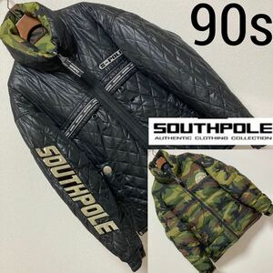 90s■サウスポール■ビッグシルエット リバーシブルダウンジャケットキルティング S ブラック グリーン カモフラ SOUTHPOLE ヴィンテージ