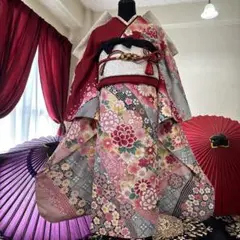 振袖フルセット(7点)・絞りエンボス加工・金駒刺繍・菊・暈し染め・ハジック加工済