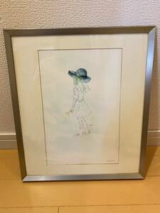 絵画　リトグラフ　いわさきちひろ　緑の風の中で　額付き　額縁(約)横34cm×縦39cm 本体 横21.5cm×縦32.5cm No.724/A-1