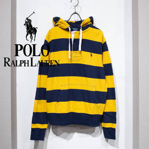 S / POLO RALPH LAUREN ポロ ラルフローレン フード ラガーシャツ ラグビーシャツ コットン ボーダー ネイビー イエロー 長袖 古着 メンズ