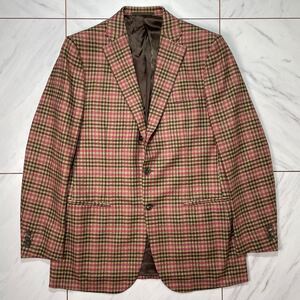 未使用 ISAIA NAPOLI 秋冬 ウール100 タグ付 しつけ糸 総裏 段返り3B カジュアル チェック ブラウン ピンク 茶 イザイア メンズ 52 XXL