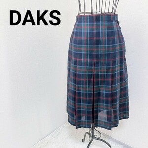 ダックス DAKS 美品 チェック柄プリーツスカート ミモレ丈 紺緑赤 麻混 クラシックカラー 上品 大人 カジュアル オフィス レディース