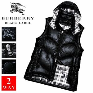 美品 バーバリーブラックレーベル ホース刺繍 ノバチェック フード ホワイトグース シャイニー ダウンベスト L/3 黒 BURBERRY BLACK LABEL