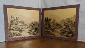 ２連 襖 山水画 衝立 訳アリ サイズ（約cm）W188（94x2）xH 85 厚み約1.5cm表 手描き山水画 縁はドンス張り裏 御所車本体中部分 襖チィップ