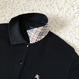 バーバリーゴルフ　BURBERRY GOLF ポロシャツ　半袖　ノバチェック　襟チェック柄　 サイズLL ゴルフウェア ホースロゴ刺繍　黒　ブラック