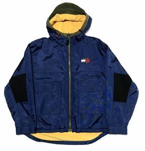 【90s】TOMMY HILFIGER トミーヒルフィガー マウンテンジャケット メンズL 紺 黄色 裏地フリース ナイロンパーカー フラッグ アウトドア