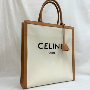 セリーヌ バーティカル カバ ラージ キャンバス レザー トートバッグ ブラウン系 タン カーフスキン ロゴ CELINE メンズ レディース