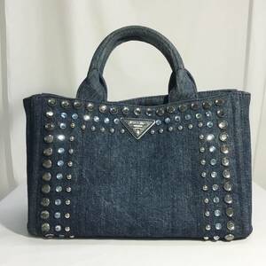 送料無料 中古 プラダ バッグ PRADA カナパ B24390 デニム トートバッグ ビジュー 147883