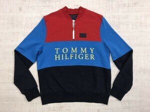 トミーヒルフィガー TOMMY HILFIGER 異素材 配色 切替 メンズ スウェット トレーナー ハーフジップ ラバープリント 裏起毛 アメカジ S 赤青