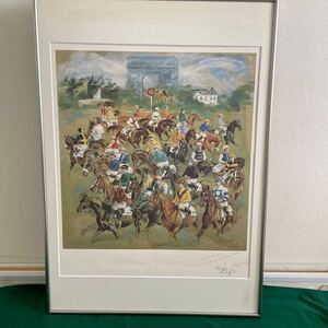 【模写】競馬 馬 凱旋門の騎手と馬 絵画 Hubert de WATRIGANT ユベール・ド・ワトリガン 額装（85×60cm） 希少 直筆サイン 