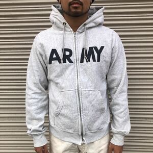 90s 米軍実物 ジップパーカー USArmy PFU ミリタリー ARMY グレー ジップアップ フーディ グレー スウェット フィットネス ヴィンテージ M