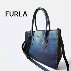 1円～ FURLA フルラ ハンドバッグ 2way ネイビー PVC トートバッグ レザー トート 斜めがけ クロスボディ ショルダーバッグ 紺 レディース