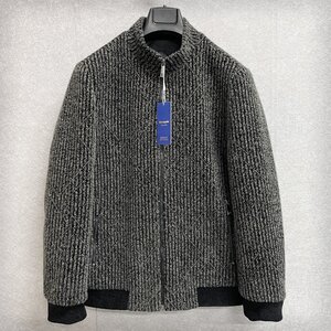 上品・ジャケット 定価8万◆Emmauela・イタリア・ミラノ発◆豪華ミンク/カシミヤ混 総柄 暖か ストライプ 洗練 アウター XL/50サイズ