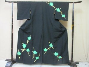 1円 良品 正絹 着物 訪問着 縮緬 和装 和服 アンティーク 黒 紅葉 草花 シンプル 高級 袷 身丈150cm 裄63cm【夢職】★★★