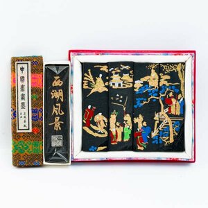 【未使用品】中国書画墨 上海墨廠「西湖風景」徴州胡開文春月製 群仙人図 4丁組 古墨 唐物 中国古玩 文房四宝 書道具 計5丁セット #36955