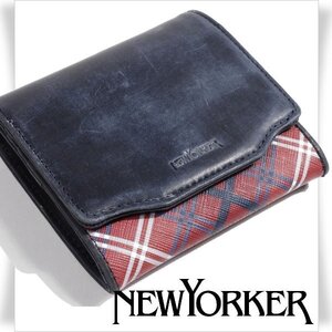 展示品1円～★NEWYORKER ニューヨーカー 牛革レザー 財布 ウォレット シャドウ チェック 本革 ネイビー レッド本物◆4153◆