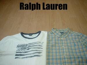 即戦力2着セットPOLO by Ralph LaurenリンガーTシャツ&ボタンダウンチェックシャツ美品L(14-16)正規ポロバイラルフローレンMレディースPONY