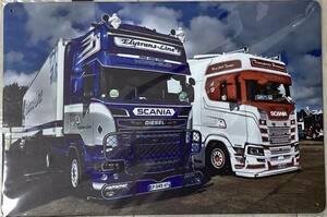 スカニア アートポスター 金属製 SCANIA 30×20 ホワイト/ブルー 2台 トレーラー 送料無料