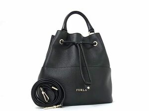 1円 ■極美品■ FURLA フルラ ブルックリンバケット レザー 巾着型 2WAY クロスボディ ショルダーバッグ 斜め掛け ブラック系 BK2285