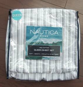 新品 NAUTICA HOME コットン１００％ フラットシーツ クイーンサイズ マルチカバー・布地として使用しても 約2.3m×2.6m 白×グレー系