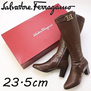 ◆Salvatore Ferragamo サルヴァトーレ フェラガモ レザー ヴァラ金具 ヒール ロング ブーツ ダークブラウン 6