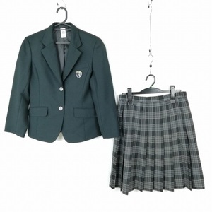 1円 ブレザー チェックスカート 上下2点セット 150A 富士ヨット 冬物 女子 学生服 千葉沼南高柳高校 緑 制服 中古 ランクB NA1760