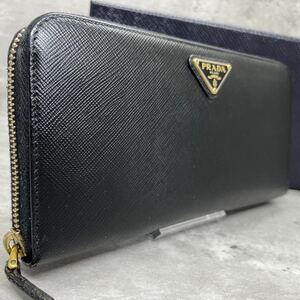 【極美品】 PRADA プラダ メンズ ビジネス 長財布 ラウンドファスナー 三角ロゴ 金ロゴ サフィアーノ レザー 本革 ブラック 黒 小銭入れ