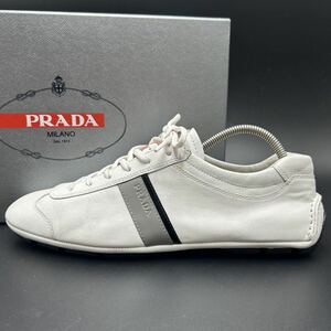 1円 【美品】 PRADA プラダ 【圧倒的高級感】 メンズ スニーカー ドライビングシューズ シューズ 靴 サイドライン ロゴ ホワイト 白 25.5位