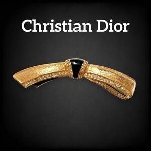 【希少美品】 Christian dior クリスチャンディオール ロープ リボン 縄 ノット ブローチ ラインストーン ビジュー ブラック ゴールド 1220