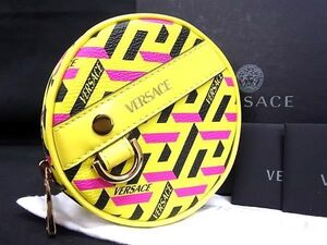 ■極美品■ VERSACE ヴェルサーチ ラ グレカ PVC×レザー ポーチ マルチケース 小物入れ レディース メンズ イエロー系 AZ9795