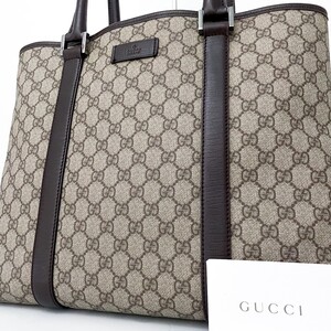 1円■未使用級■型崩れ無し■GUCCI グッチ GGスプリーム 型押し トートバッグ ビジネス ブリーフケース 大容量 A4 メンズ レザー ベージュ