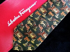 ♪今週の特売980円～♪2193♪状態並品【FERRAGAMO】フェラガモ【人 ライオン 動物 旗 フラッグ 柄】ネクタイ♪