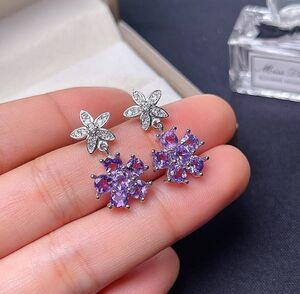 アメジスト フラワー ピアス ジルコニア 花 シルバー 925 CZ 両耳 紫水晶 天然 シルバーピアス