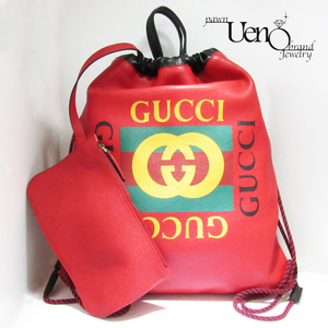 【質屋】送料無料！GUCCI グッチ ドローストリング バックパック リュック シェリーライン ロゴプリント レザー(赤×黒)