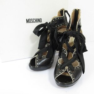 良品 MOSCHINO モスキーノ レザー×シルクリボン ピンヒール オープントゥ レースアップ パンプス ブーティ 35.5 約22.5cm ブラック ◆