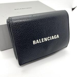 極美品 BALENCIAGA バレンシアガ キャッシュ CASH三つ折り ウォレット wallet コンパクト ミニ財布 レザー 黒 ロゴ made in Italy