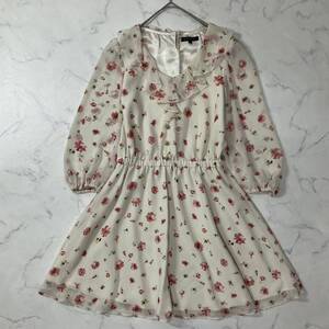 美品 MISCH MASCH ミッシュマッシュ 日本製 花柄 ウエストゴム 裏地付き フリル ラウンドネック 透け感 七分袖 ひざ丈 ワンピース 38 M