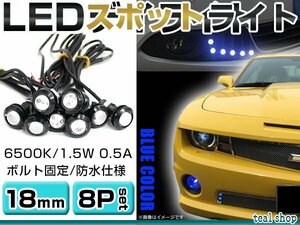 ☆8個セット☆牛目 丸型 デイライト 12V LED 18mm 防水 バック スポット バイク デコ レーション ドレスアップ ☆ブルー☆常時点灯