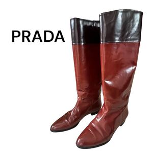 PRADA プラダ ロングブーツ 37 1/2 ブラウン レザーブーツ 24.5cm レディース バイカラー 乗馬ブーツ ジョッキーブーツ 美品 秋冬 おしゃれ