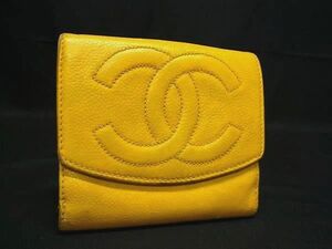 1円 CHANEL シャネル ココマーク キャアビアスキン 三つ折り 財布 ウォレット 札入れ 小銭入れ レディース イエロー系 FL2847