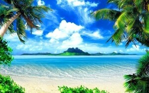 ハワイ マウイ島のビーチと島々 ヤシの木 海 絵画風 壁紙ポスター ワイド版603×376mm（はがせるシール式）061W2