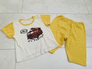 ■サッカー素材風で気持ちが良い!■消防車柄の半袖パジャマ上下セット■半袖Tシャツとズボン・黄色×白■ベビーキッズ子供80サイズ■