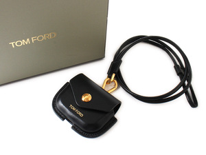 E22357 新品未使用 TOM FORD トムフォード Air Pods Pro ケース ネックストラップ付き 箱付き ブラック×ゴールド 黒 イタリア製 レザー