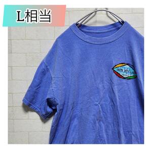 Tシャツ/カットソー 半袖 プリント ロゴ　青 L相当　古着　カジュアル　ラフ　　2145